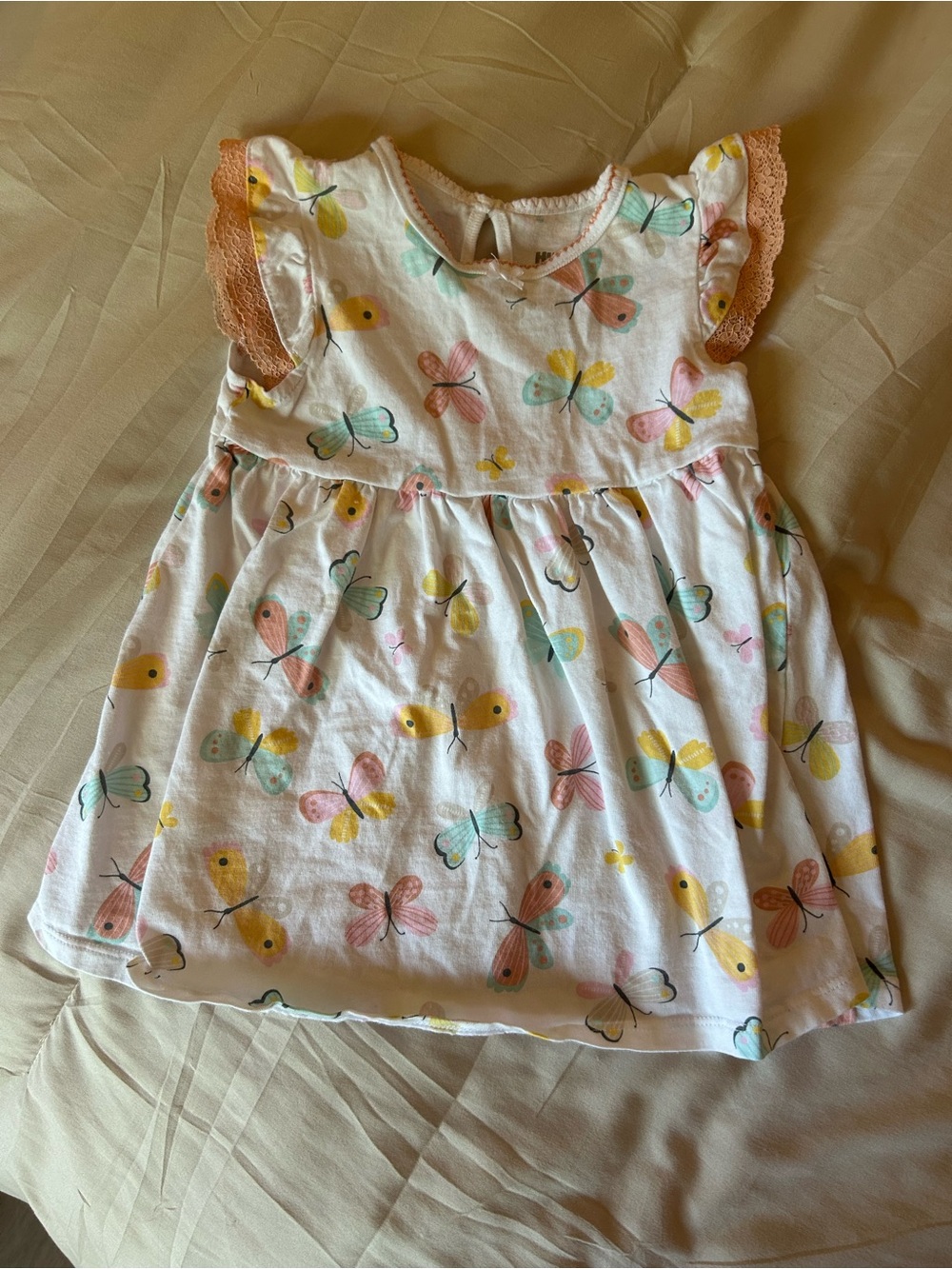 Huggies - Girls' White Butterfly Print Dress with Peach Lace Sleeves